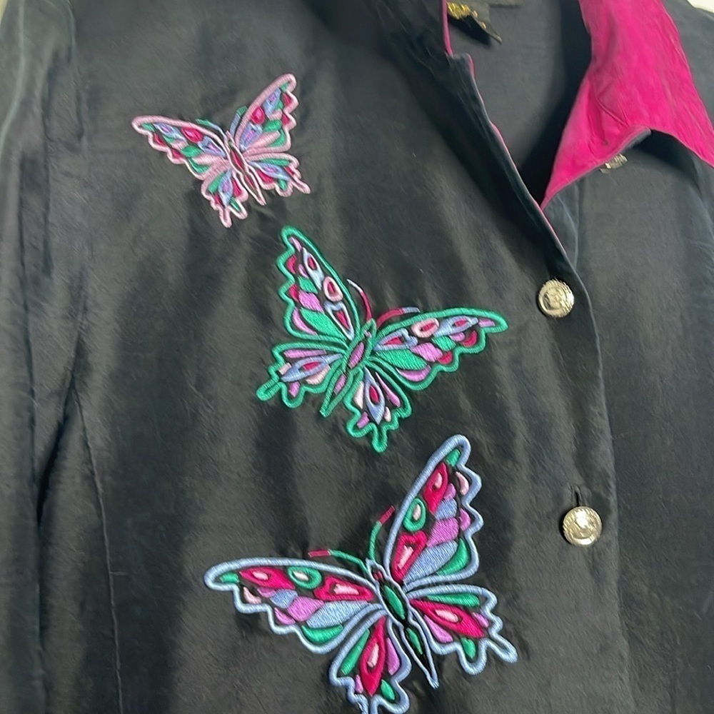 Bob Mackie Sz Large Wearable Art Silk Shirt Blouse Black Embroidered Butterfly - Picture 3 of 7